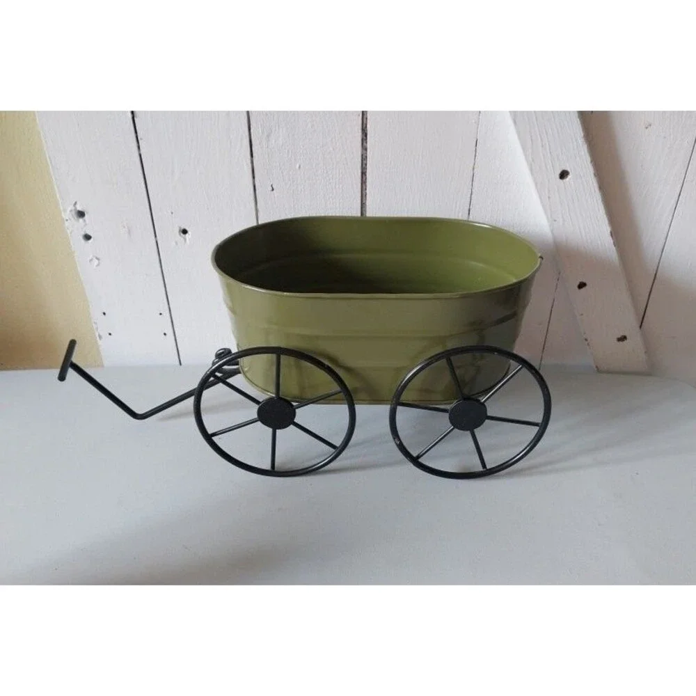 Olive Green Metal Wagon Planter w/ Rustic Black Wrought Iron Wheels Tabletop